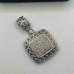 John Hardy Sterling Silver 18K Gold Diamond Cluster Square Braided Pendant Charm